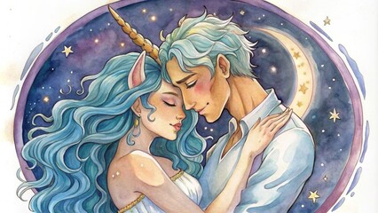 A watercolor illustration depicts a tender and romantic scene of a couple embraced under a starry night sky with a crescent moon.