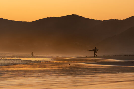 Silhouette Surfers walking along a beach at sunset with surfboards