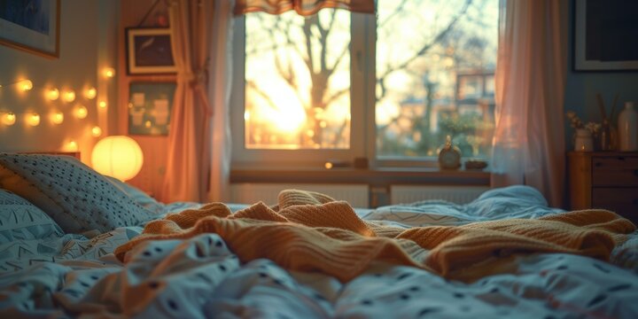 Cozy bedroom with a messy bed and a view of the sunset. AI.