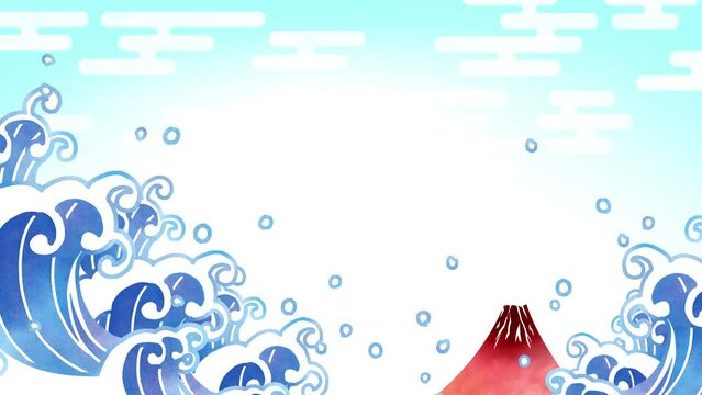 浮世絵風水彩画アニメーション。赤富士と大波。葛飾北斎風。