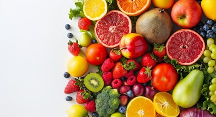 Colorful fruits and vegetables on a white background with space for copy for a healthy eating or lifestyle concept
