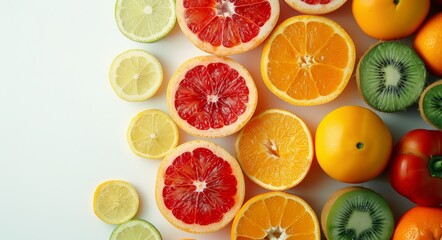 Colorful fruits and vegetables on a white background with space for copy for a healthy eating or lifestyle concept