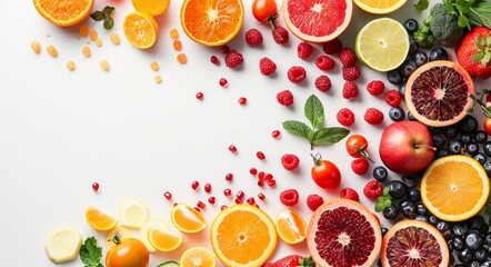 Assortment of colorful fruits and vegetables on a clean, white background with copy space. Ideal for food photography, healthy eating promotion, and cooking-related content.