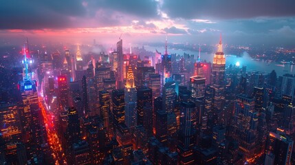 Fototapeta premium Aerial view of a bustling cityscape at night, capturing the energy and lights of urban life