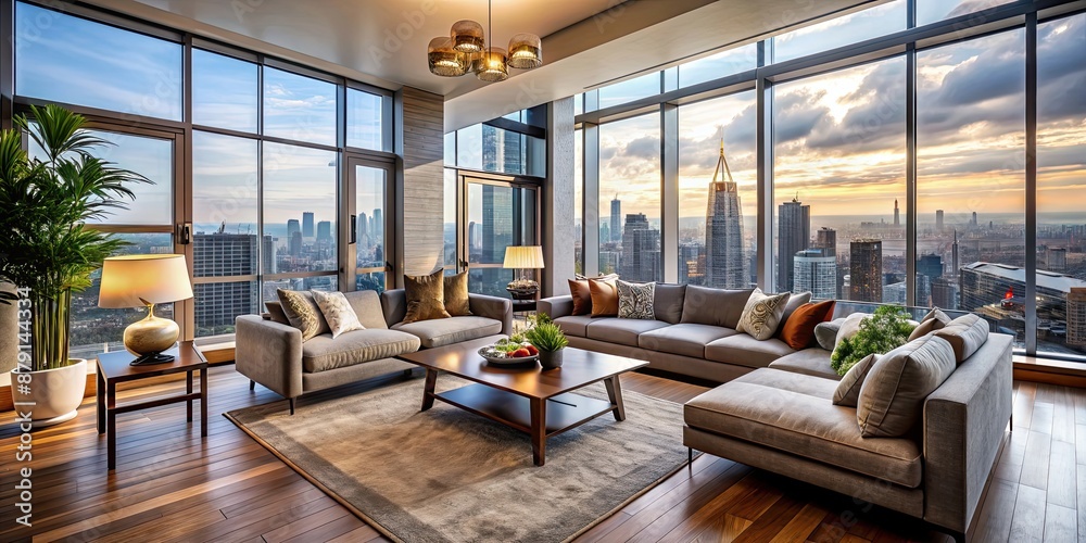 Canvas Prints A cozy living room with modern furniture and large windows overlooking a cityscape, cozy, living room