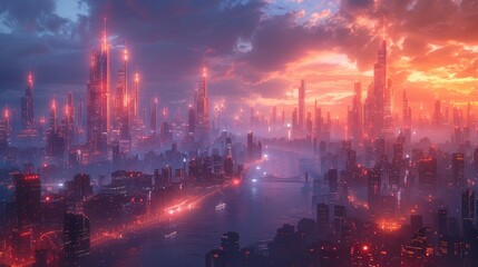 Fototapeta premium Artistic rendering of futuristic city skyline with holographic elements, ideal for sci-fi concepts