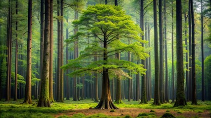 Fototapeta premium A tall tree standing alone in a dense forest, nature, woods, green, foliage, flora, growth, environment, landscape