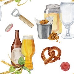 Watercolor pattern with beer can with glass for beer and snack bucket of beans, with steel bottle opener and bottle cap, bottle of beer with shaped glass of beer and hop and malt