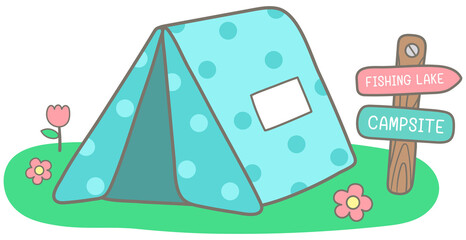 Kid hand drawn cute camping picnic trip elements campsite tent