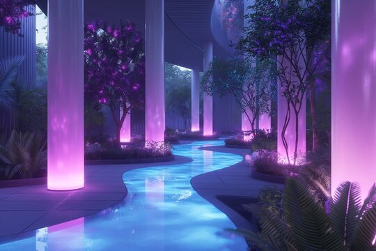 futuristic indoor garden with glowing blue water runs through the garden, flanked by lush greenery and trees also illuminated by the ambient light