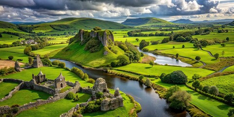 Beautiful image of lush green Irish countryside with rocky outcroppings, meandering river, and ancient ruins