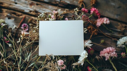 A blank card placed in the center surrounded by dried flowers on a rustic wooden surface, ready for a personalized message.