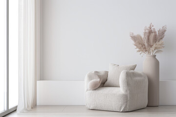 Living room interiors in elegant minimalist style with an armchair next to a large window, and copy space. Interiors designer composition in plain colors for Real Estate.