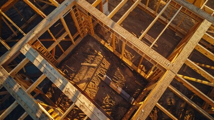 Aerial view of wooden framework in construction site