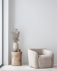 Living room interiors in elegant minimalist style with an armchair next to a large window, and copy space. Interiors designer composition in plain colors for Real Estate.
