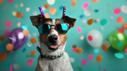 Happy Party Pooch - Playful Dog Enjoying a Festive Celebration with Colorful Decorations and Balloons