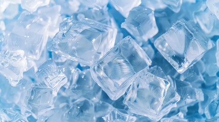 Crystal clear ice cubes as background, top view