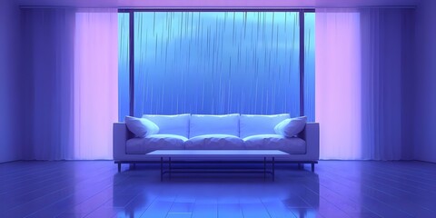 Anime-style cozy lofi living room virtual background with rainstorm animation. Concept Anime, Lofi, Living room, Virtual Background, Rainstorm Animation