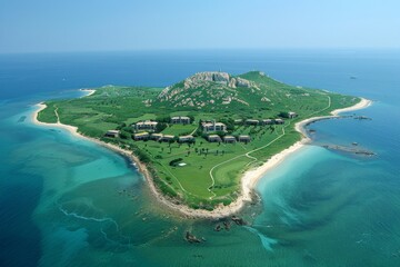 Obraz premium Aerial View of a Small Island Resort With a Sandy Beach and Green Grass