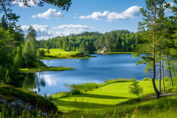 Golf course with green Norwegian nature and trees around and a big lake on the side