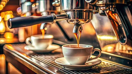Tableau sur aluminium  Espresso machine making fresh coffee in a cozy café.  © lovetnihouse