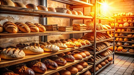 Cinematic scene of a bakery with warm sunlight illuminating freshly baked breads and pastries, bakery