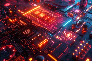 A close up of a computer motherboard with many electronic components