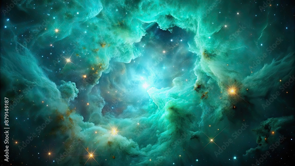 Poster Beautiful of a turquoise green nebula , space, galaxy, cosmic, celestial, colorful, vibrant, stars, universe, astronomy