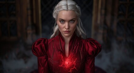 Fototapeta premium Powerful woman in red dress with glowing energy
