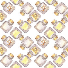 Seamless pattern with glass jars of saffron oil and pestles. A hand-drawn watercolor illustration is highlighted on a white background. Vegetable oil, saffron oil, spices, food, spa, aromatherapy