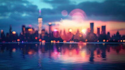 Naklejka premium Softly blurred skyline of city at sunset