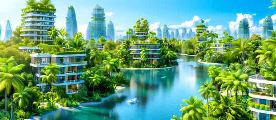 A cityscape with a large body of water and palm trees. The buildings are tall and green, and the water is calm. The scene is peaceful and serene, with the palm trees providing a tropical feel