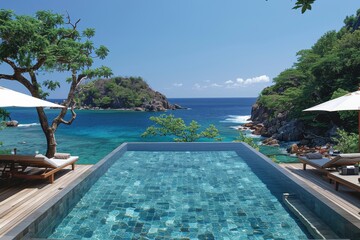 Fototapeta premium Tropical Resort Infinity Pool Overlooking Ocean and Lush Landscape