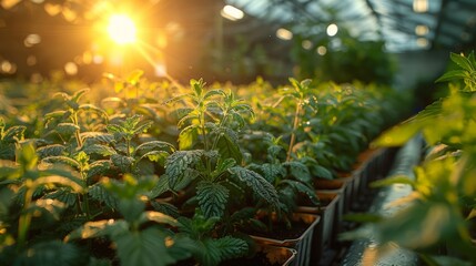 Rows of green plants growing in a greenhouse with the sun setting in the background.