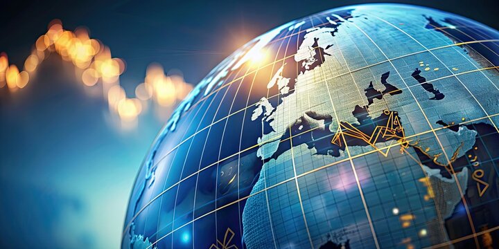 Close-up of a globe with currency symbols and economic growth lines, globes, currency, symbols, economy, growth, lines