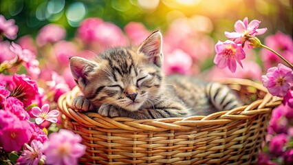Adorable kitten comfortably napping in a basket surrounded by pretty pink flowers, cute, kitten, sleeping, basket, pink, flowers, cozy