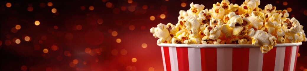 Fototapeta na wymiar Delicious popcorn in a striped container on a blurred background