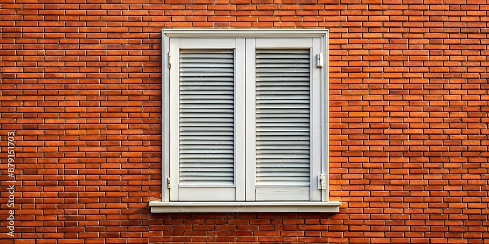 Wall mural A window with white wooden shutters closed against a red brick wall, window, shutters, closed, white, wooden, red brick, wall