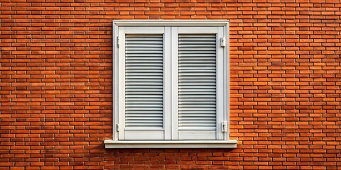 A window with white wooden shutters closed against a red brick wall, window, shutters, closed, white, wooden, red brick, wall