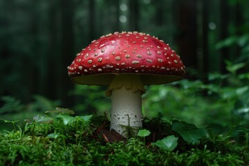 Vibrant red mushroom growing in lush forest