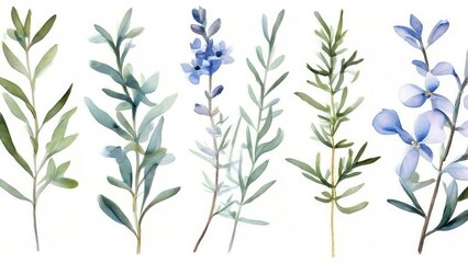Obraz premium Watercolor Botanical Illustration of Lavender Flowers and Stems.