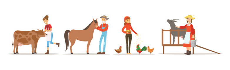 People Farmer Character Breeding Animal and Livestock Vector Set