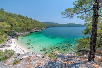 A Picturesque View of a Secluded Beach Cove on a Sunny Day