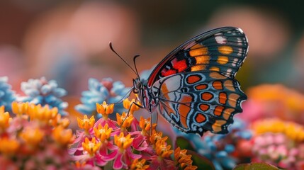Obraz premium Detailed macro shot of a butterfly perched on a flower, showcasing intricate natural beauty,