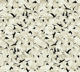 A seamless background with flight of birds and pixel sea.
