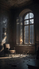 Abandoned Room with Broken Window and  Dusty Sunbeams.