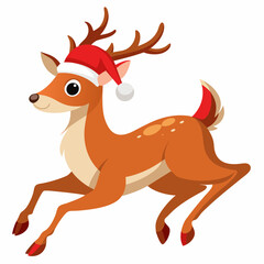 jumping deer in christmas santa hat with white bac