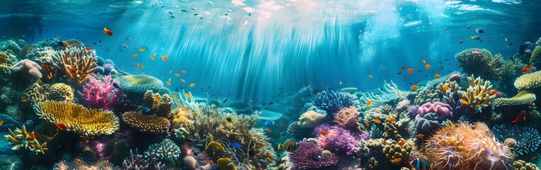 Obraz premium Vibrant Underwater Coral Reef with Sunlight Rays and Colorful Marine Life 