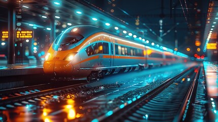 Fototapeta premium Dynamic motion blur of a speeding train passing through a station at night, representing transportation