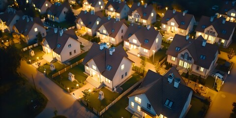 Connected Suburban Homes IoT-Powered Smart Community at Night. Concept IoT Technology, Smart Community, Suburban Homes, Night Photography, Connected Living